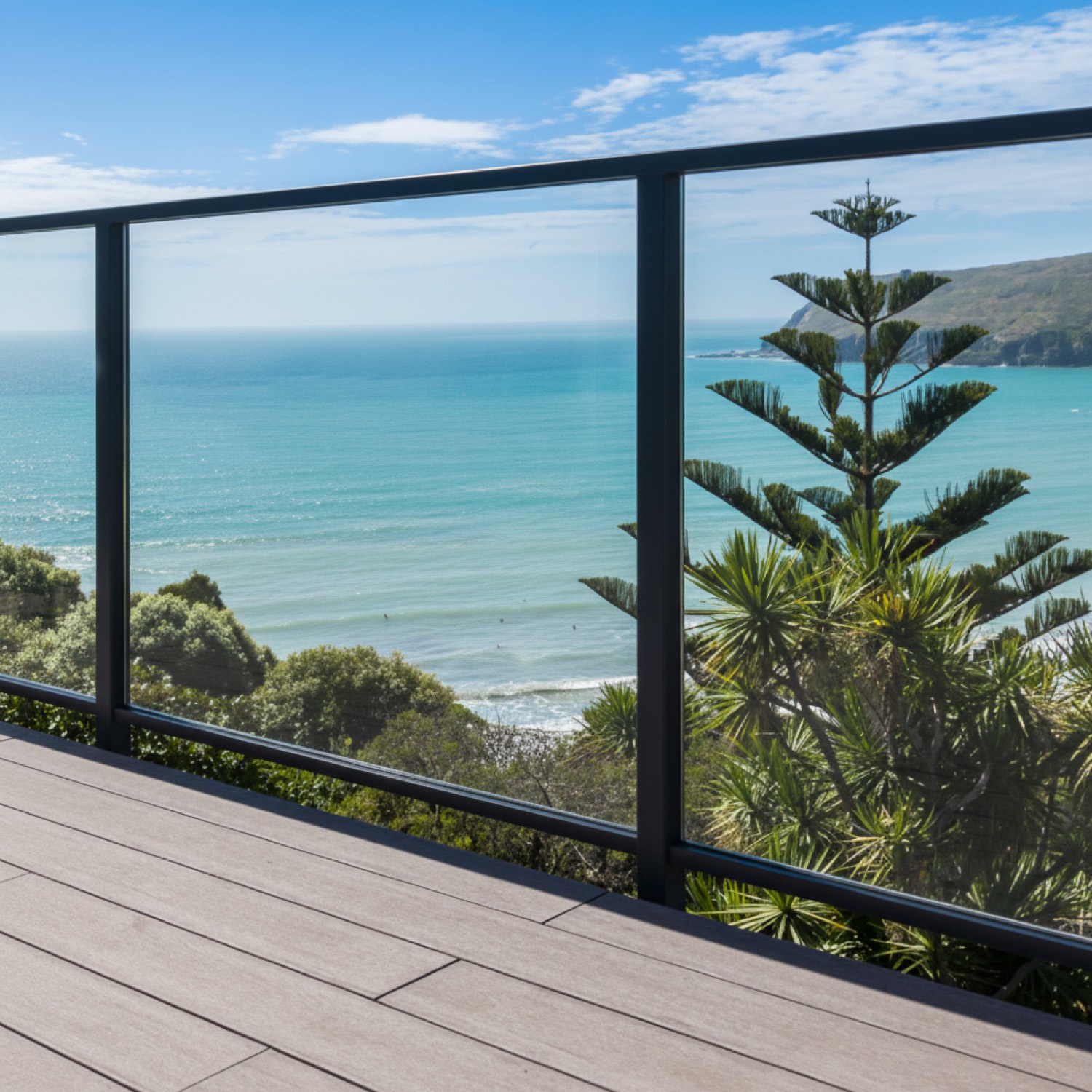 Frameless glass balustrade with ocean view in Tauranga