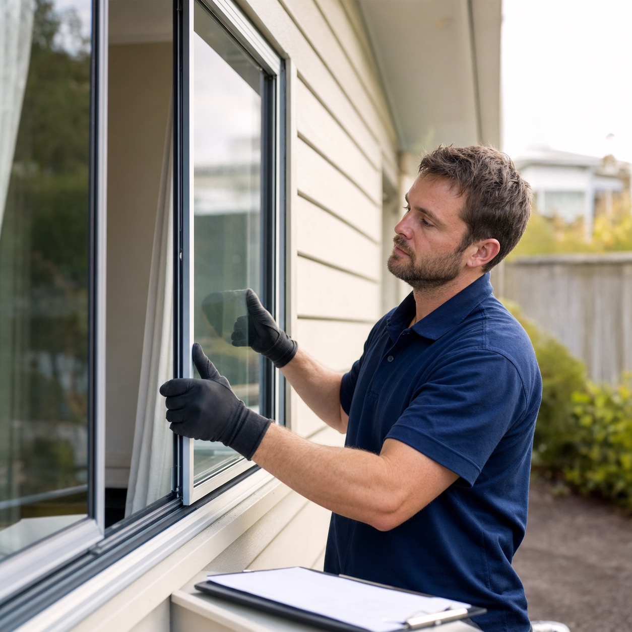 glazier checking a window at a tauranga rental property, landlord and tenant glass repair