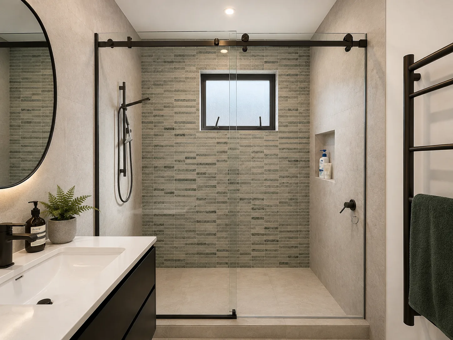 Frameless glass shower screen fitted in a modern bathroom