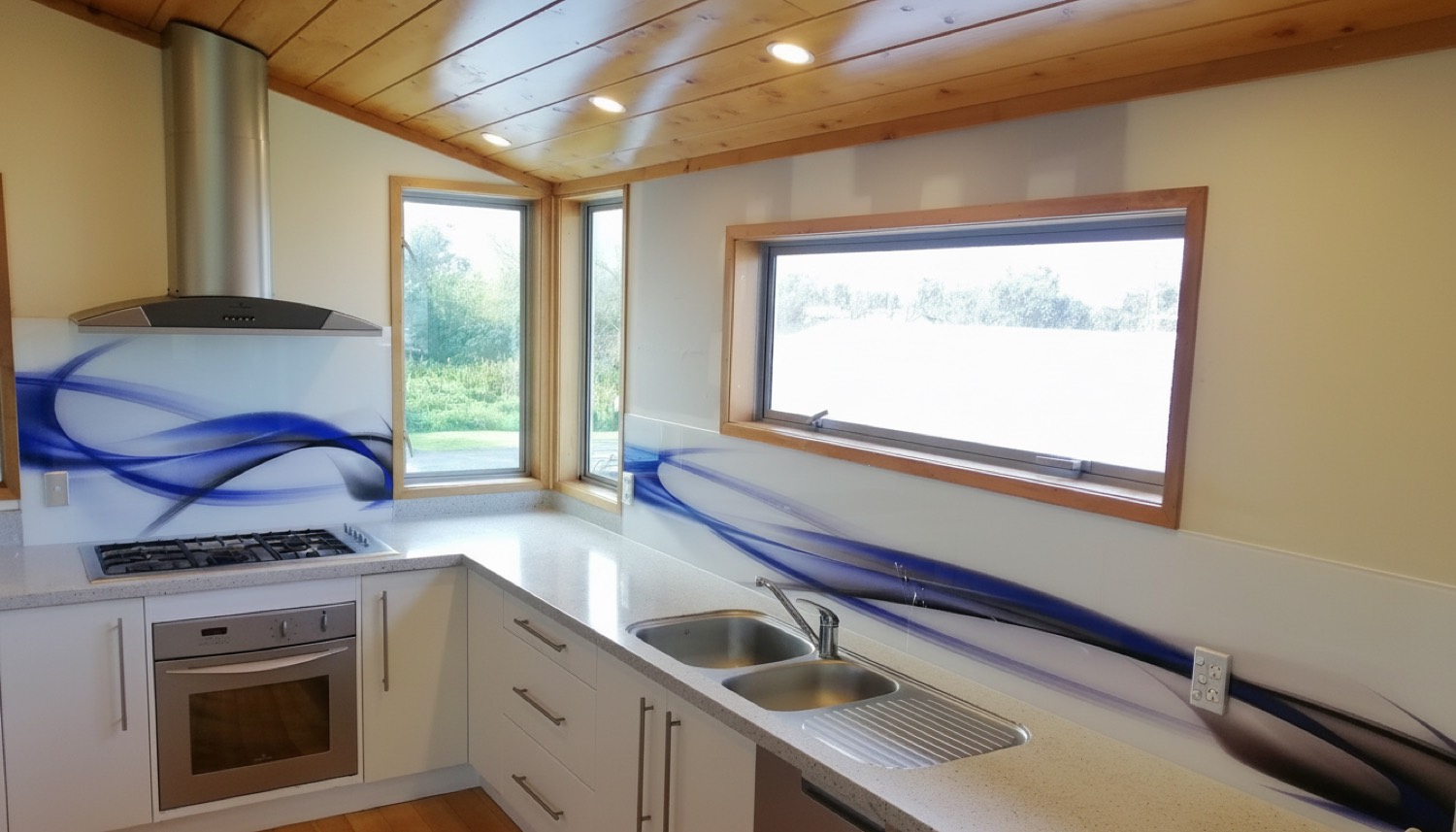 Blue wave printed glass splashback in Tauranga