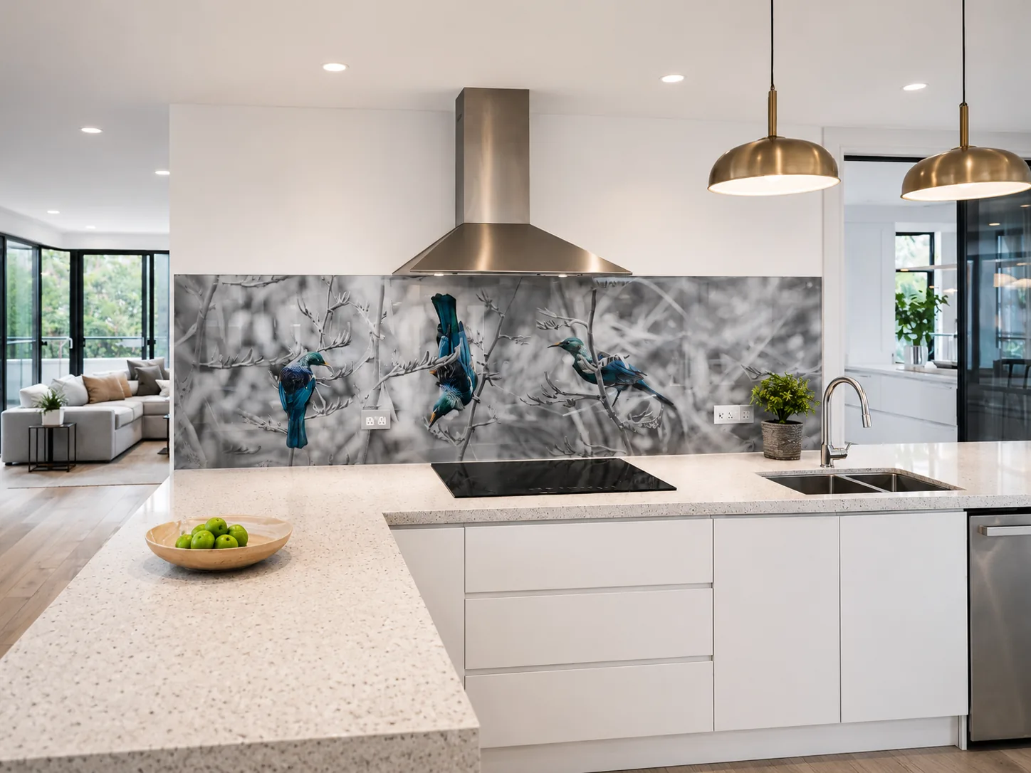 Coloured glass splashback behind a kitchen bench